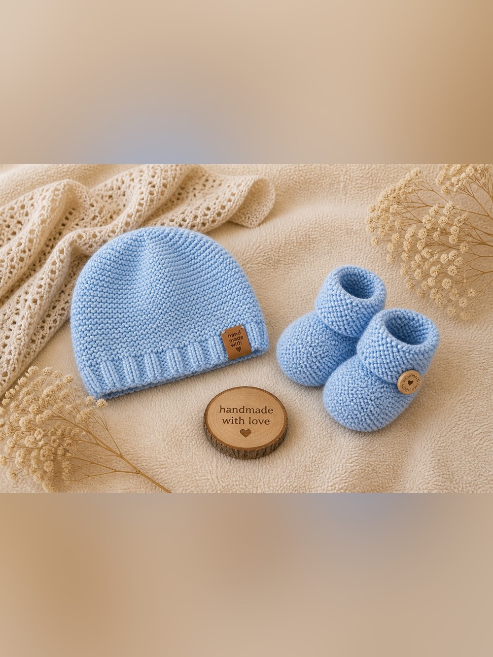 Handmade Light Blue Knit Baby Hat & Booties Set